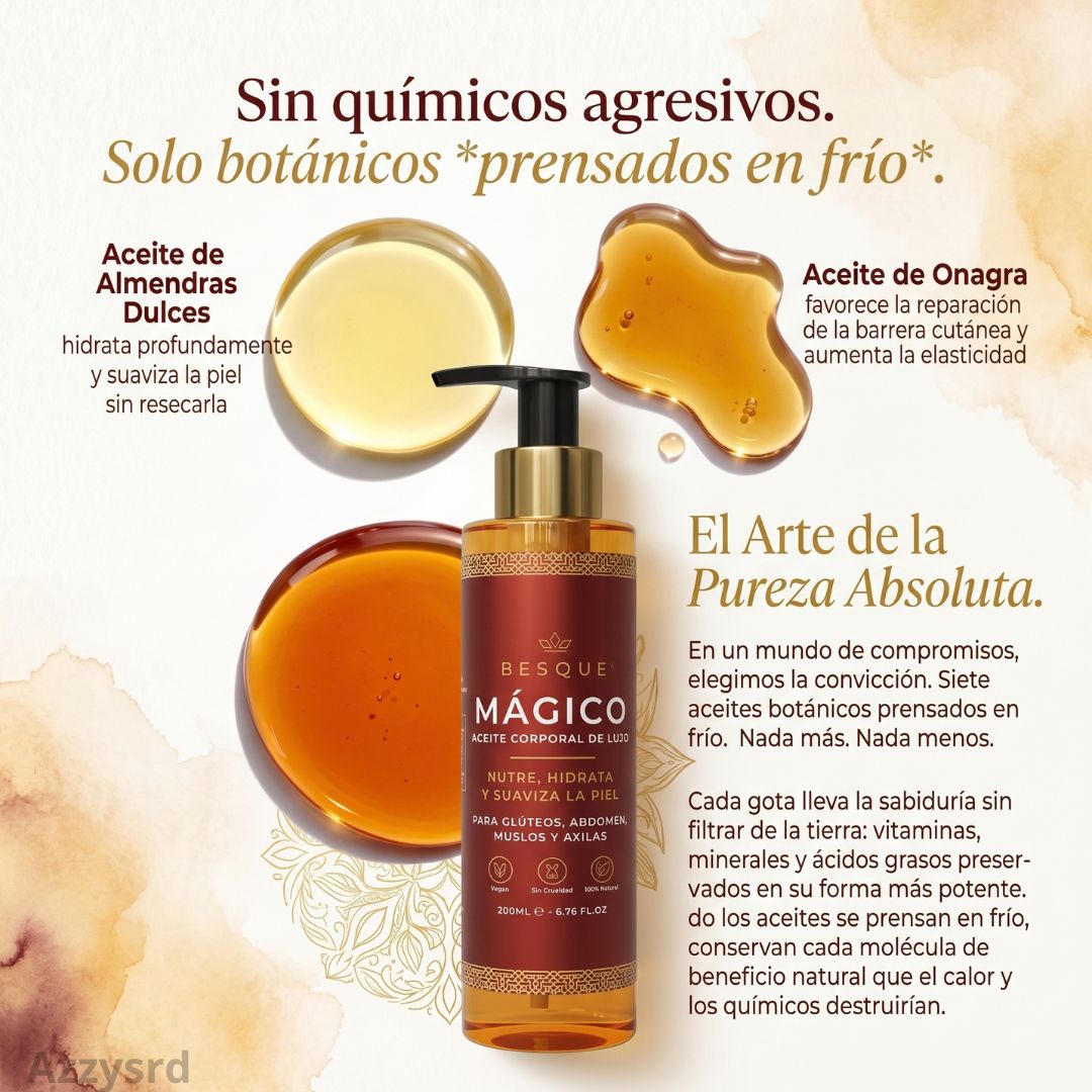 **Besque® Magic Body Oil — Elixir Corporal Reafirmante y Luminoso** ✨ **Hidrata profundamente, suaviza y ayuda a mejorar la apariencia firme y radiante de tu piel.**
