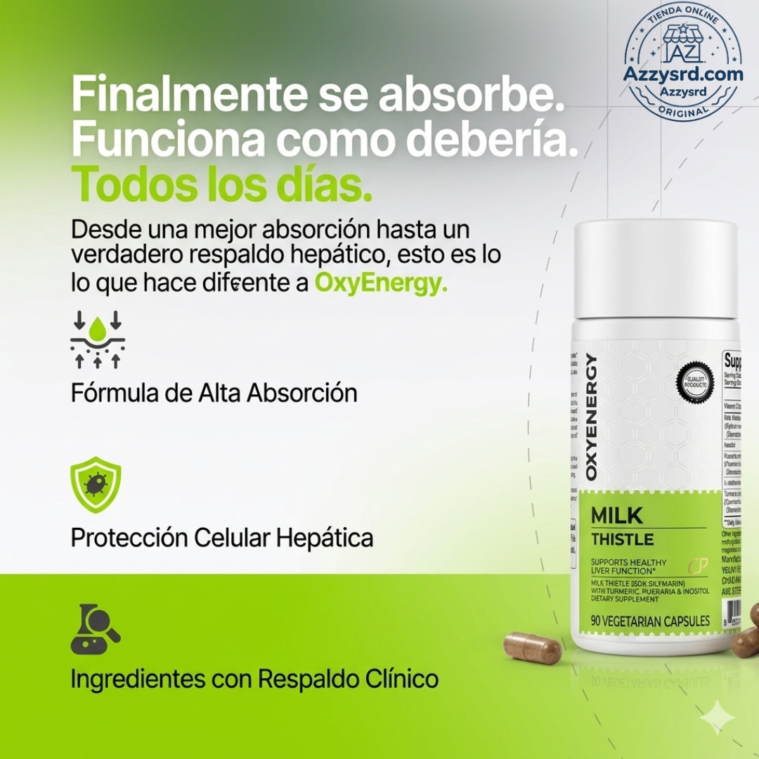 🌿 OxyEnergy™ Cardo Mariano con Silimarina 300mg 💚✨ Detox y Reparación Hepática Avanzada 🍃 Apoyo al Hígado, Colon y Digestión • Con Vitamina C, Inositol y Pueraria • Potente Acción Antioxidante 🛡️ • 90 Cápsulas Vegetarianas 💊