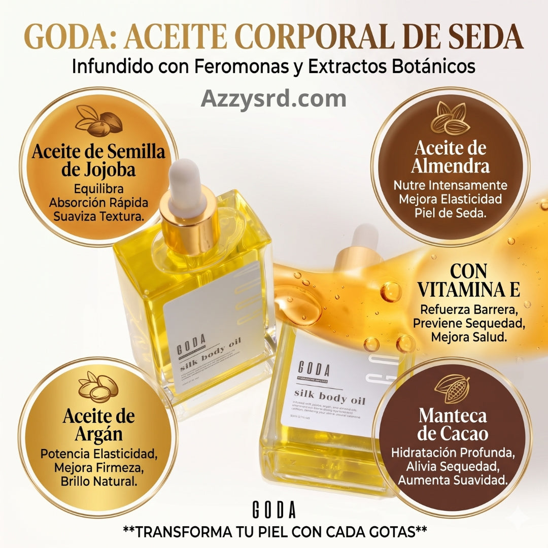 ✨ GODA Aceite Corporal de Seda™ | Reafirma, Ilumina e Hidrata Intensamente la Piel ✨ 🌸 Fórmula Antiedad de Lujo que Ayuda a Mejorar la Elasticidad, Suavizar la Apariencia de la Piel y Dejar un Acabado Sedoso y Radiante.