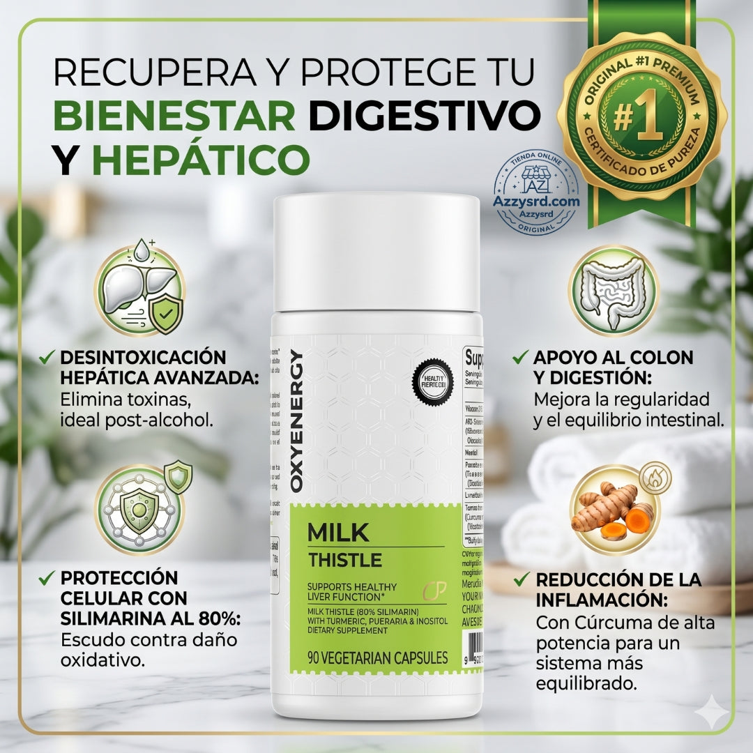 🌿 OxyEnergy™ Cardo Mariano con Silimarina 300mg 💚✨ Detox y Reparación Hepática Avanzada 🍃 Apoyo al Hígado, Colon y Digestión • Con Vitamina C, Inositol y Pueraria • Potente Acción Antioxidante 🛡️ • 90 Cápsulas Vegetarianas 💊