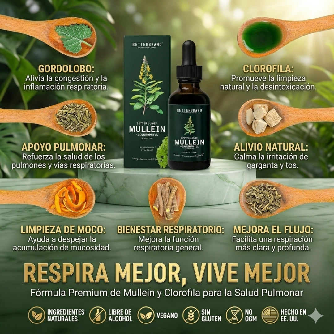 🌿 Gotas de Gordolobo Betterbrand 100% ORIGINAL 🫁💧 Desintoxicación Pulmonar & Salud Respiratoria 🌬️✨ Tintura herbal con clorofila • Sin alcohol • Fórmula natural • 60 ml (1 mes)