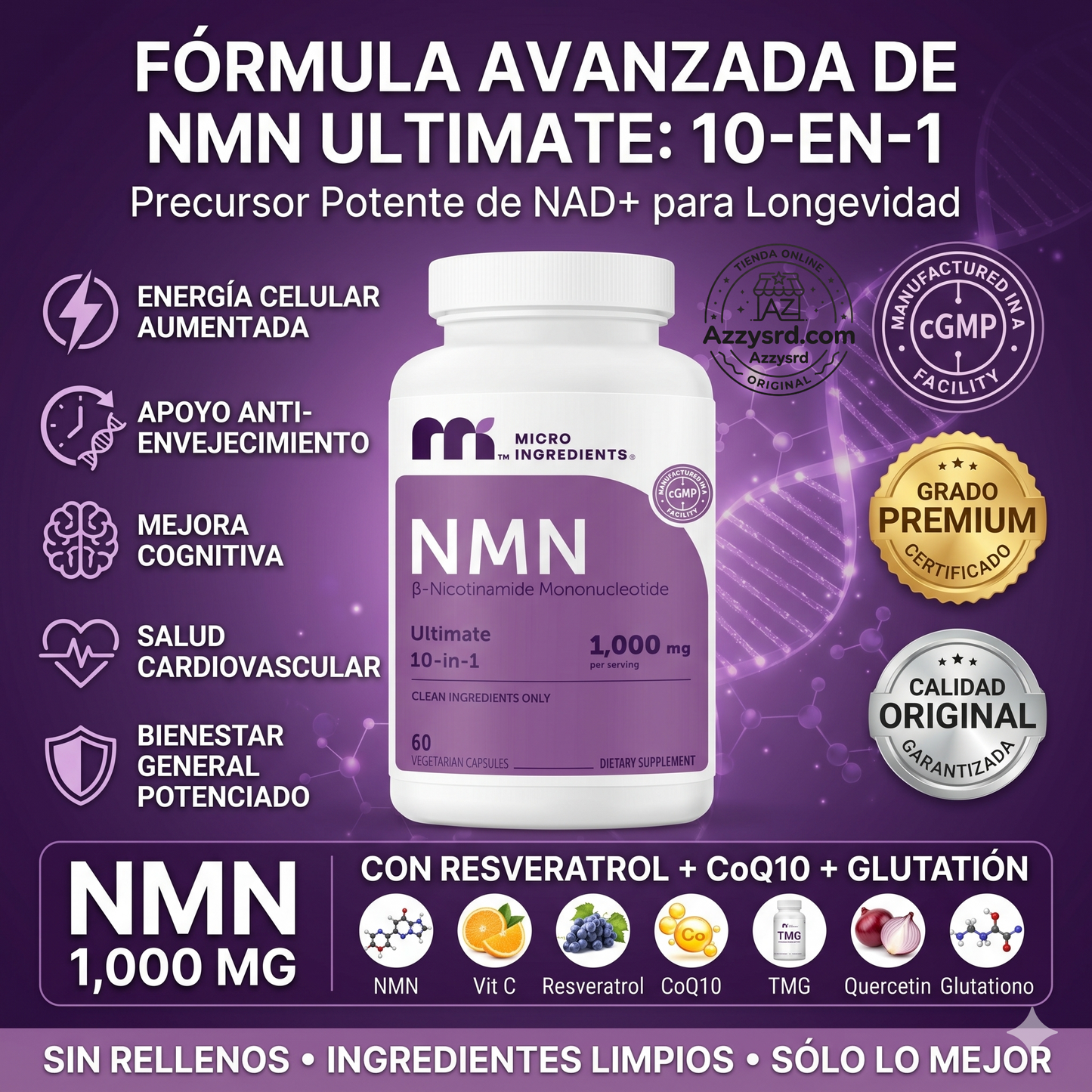 🧬Complejo NMN 10 en 1 de 1000 mg (60 Cápsulas) | Con Mononucleótido de Nicotinamida, Resveratrol, CoQ10, Quercetina y Glutatión | Potente Precursor para Energía Celular y Antienvejecimiento🌿