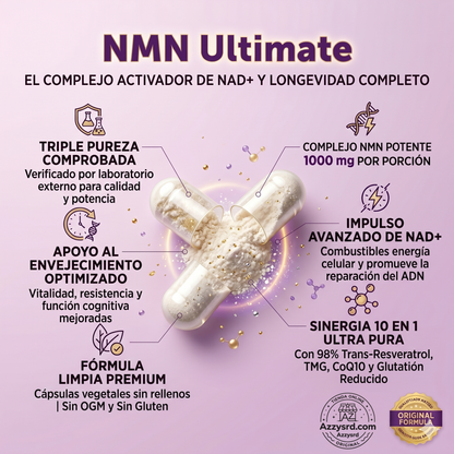 🧬Complejo NMN 10 en 1 de 1000 mg (60 Cápsulas) | Con Mononucleótido de Nicotinamida, Resveratrol, CoQ10, Quercetina y Glutatión | Potente Precursor para Energía Celular y Antienvejecimiento🌿