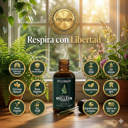 🌿 Gotas de Gordolobo Betterbrand 100% ORIGINAL 🫁💧 Desintoxicación Pulmonar & Salud Respiratoria 🌬️✨ Tintura herbal con clorofila • Sin alcohol • Fórmula natural • 60 ml (1 mes)