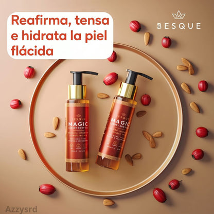 **Besque® Magic Body Oil — Elixir Corporal Reafirmante y Luminoso** ✨ **Hidrata profundamente, suaviza y ayuda a mejorar la apariencia firme y radiante de tu piel.**