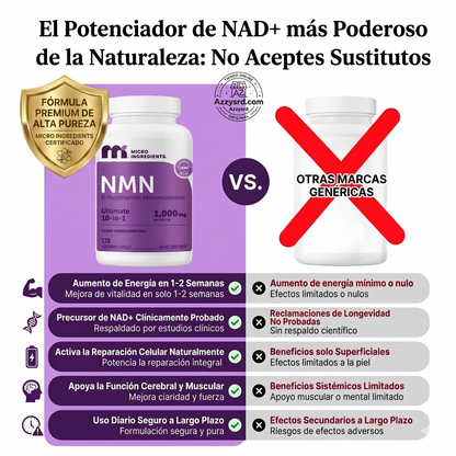 🧬Complejo NMN 10 en 1 de 1000 mg (60 Cápsulas) | Con Mononucleótido de Nicotinamida, Resveratrol, CoQ10, Quercetina y Glutatión | Potente Precursor para Energía Celular y Antienvejecimiento🌿