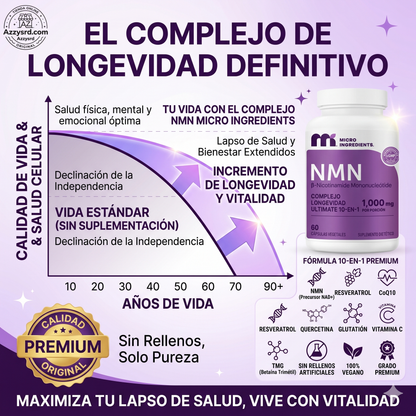 🧬Complejo NMN 10 en 1 de 1000 mg (60 Cápsulas) | Con Mononucleótido de Nicotinamida, Resveratrol, CoQ10, Quercetina y Glutatión | Potente Precursor para Energía Celular y Antienvejecimiento🌿