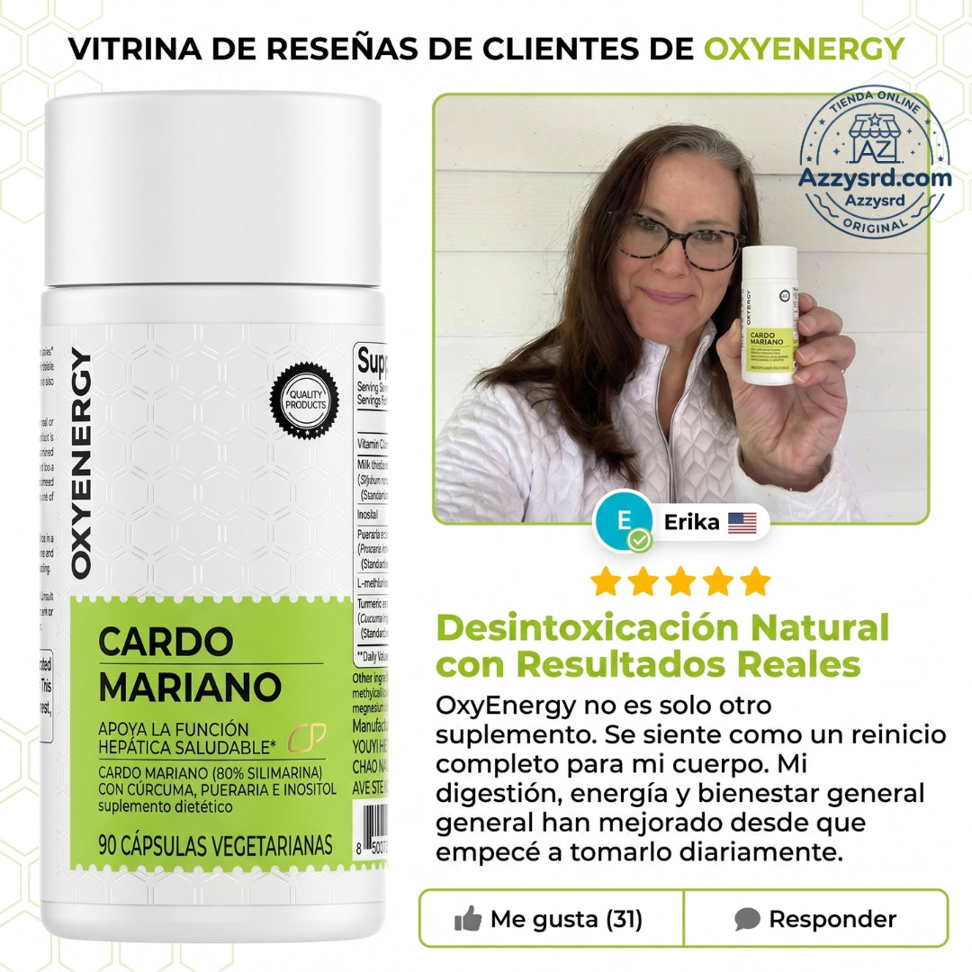🌿 OxyEnergy™ Cardo Mariano con Silimarina 300mg 💚✨ Detox y Reparación Hepática Avanzada 🍃 Apoyo al Hígado, Colon y Digestión • Con Vitamina C, Inositol y Pueraria • Potente Acción Antioxidante 🛡️ • 90 Cápsulas Vegetarianas 💊