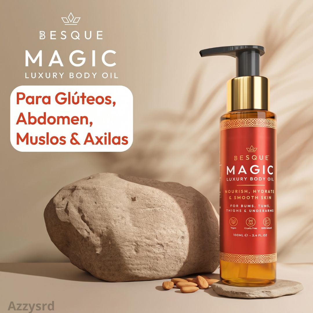 **Besque® Magic Body Oil — Elixir Corporal Reafirmante y Luminoso** ✨ **Hidrata profundamente, suaviza y ayuda a mejorar la apariencia firme y radiante de tu piel.**