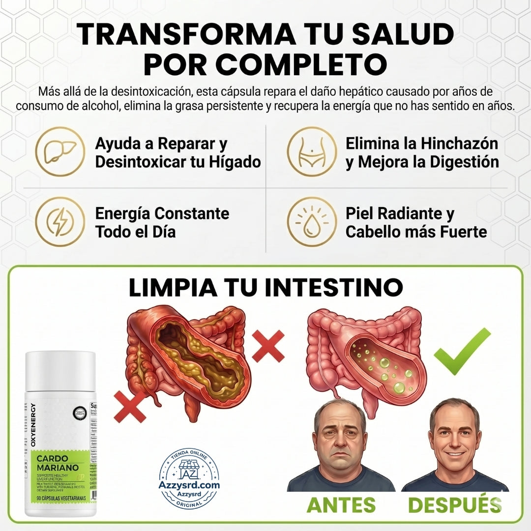 🌿 OxyEnergy™ Cardo Mariano con Silimarina 300mg 💚✨ Detox y Reparación Hepática Avanzada 🍃 Apoyo al Hígado, Colon y Digestión • Con Vitamina C, Inositol y Pueraria • Potente Acción Antioxidante 🛡️ • 90 Cápsulas Vegetarianas 💊