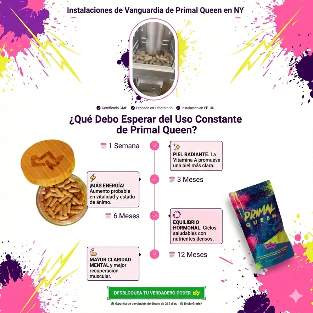 Primal Queen™ –Apoya el equilibrio hormonal femenino  Aumenta energía y resistencia natural  Favorece piel, cabello y uñas – Fuerza, Vitalidad y Balance Femenino en su Forma Más Pura