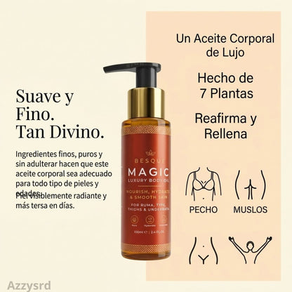 **Besque® Magic Body Oil — Elixir Corporal Reafirmante y Luminoso** ✨ **Hidrata profundamente, suaviza y ayuda a mejorar la apariencia firme y radiante de tu piel.**