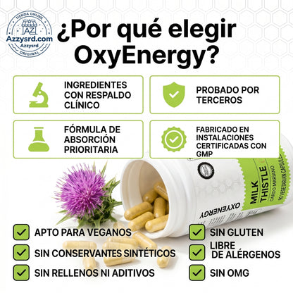 🌿 OxyEnergy™ Cardo Mariano con Silimarina 300mg 💚✨ Detox y Reparación Hepática Avanzada 🍃 Apoyo al Hígado, Colon y Digestión • Con Vitamina C, Inositol y Pueraria • Potente Acción Antioxidante 🛡️ • 90 Cápsulas Vegetarianas 💊
