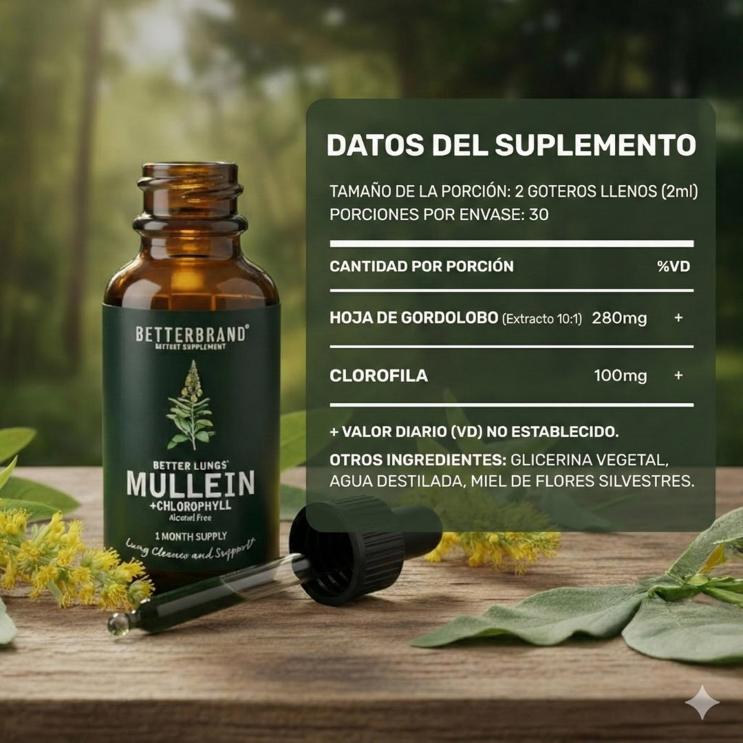 🌿 Gotas de Gordolobo Betterbrand 100% ORIGINAL 🫁💧 Desintoxicación Pulmonar & Salud Respiratoria 🌬️✨ Tintura herbal con clorofila • Sin alcohol • Fórmula natural • 60 ml (1 mes)