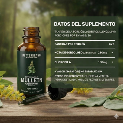 🌿 Gotas de Gordolobo Betterbrand 100% ORIGINAL 🫁💧 Desintoxicación Pulmonar & Salud Respiratoria 🌬️✨ Tintura herbal con clorofila • Sin alcohol • Fórmula natural • 60 ml (1 mes)