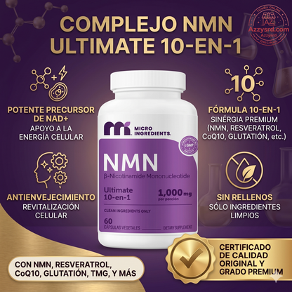 🧬Complejo NMN 10 en 1 de 1000 mg (60 Cápsulas) | Con Mononucleótido de Nicotinamida, Resveratrol, CoQ10, Quercetina y Glutatión | Potente Precursor para Energía Celular y Antienvejecimiento🌿
