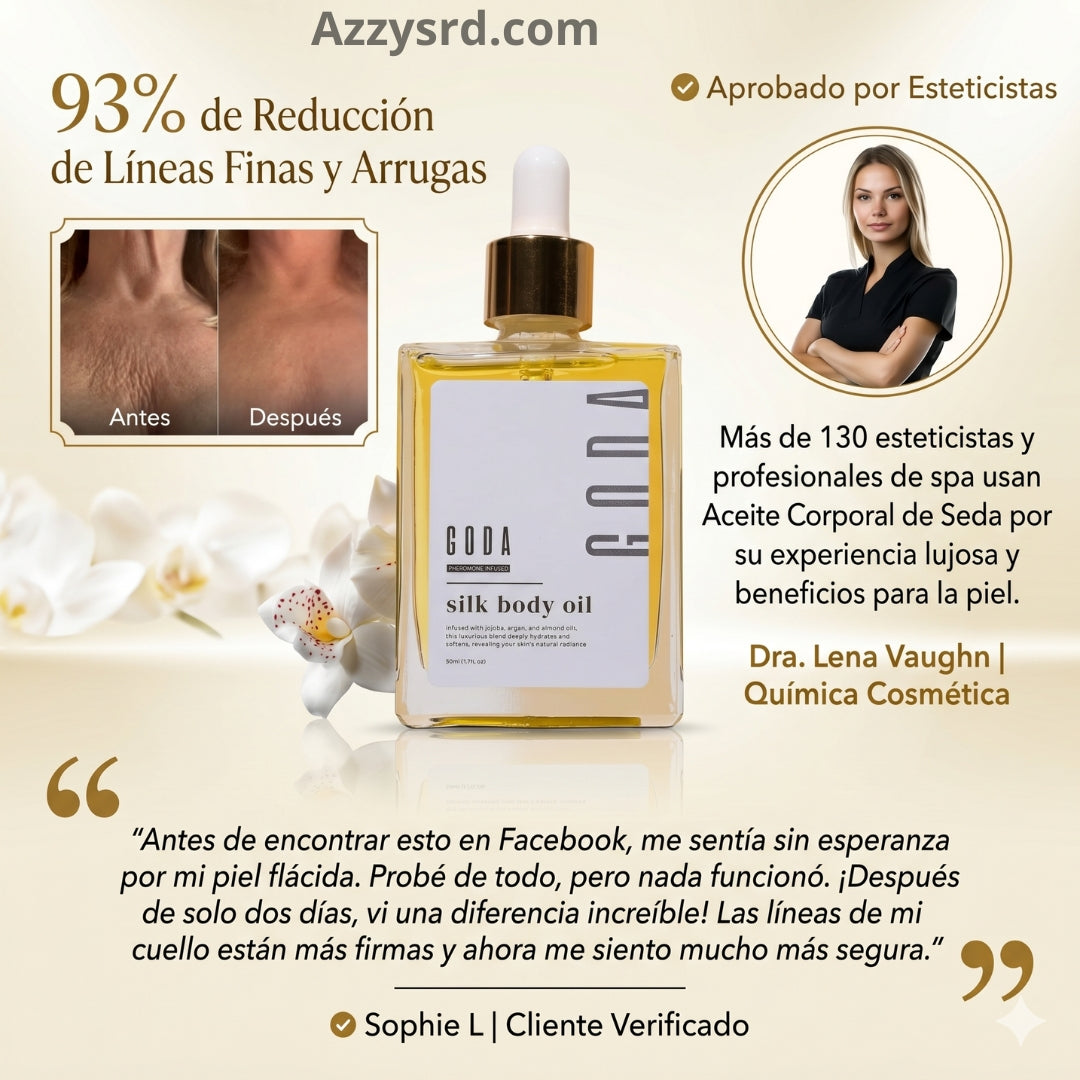 ✨ GODA Aceite Corporal de Seda™ | Reafirma, Ilumina e Hidrata Intensamente la Piel ✨ 🌸 Fórmula Antiedad de Lujo que Ayuda a Mejorar la Elasticidad, Suavizar la Apariencia de la Piel y Dejar un Acabado Sedoso y Radiante.