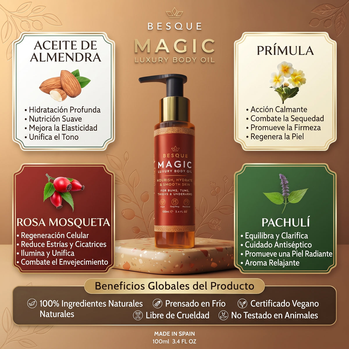 **Besque® Magic Body Oil — Elixir Corporal Reafirmante y Luminoso** ✨ **Hidrata profundamente, suaviza y ayuda a mejorar la apariencia firme y radiante de tu piel.**