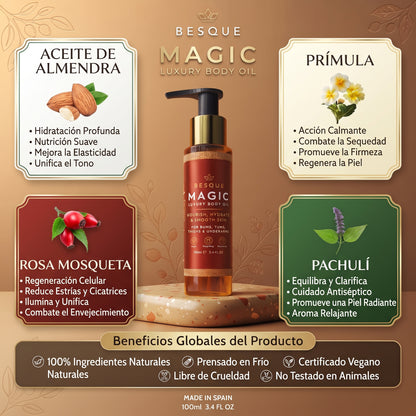 **Besque® Magic Body Oil — Elixir Corporal Reafirmante y Luminoso** ✨ **Hidrata profundamente, suaviza y ayuda a mejorar la apariencia firme y radiante de tu piel.**
